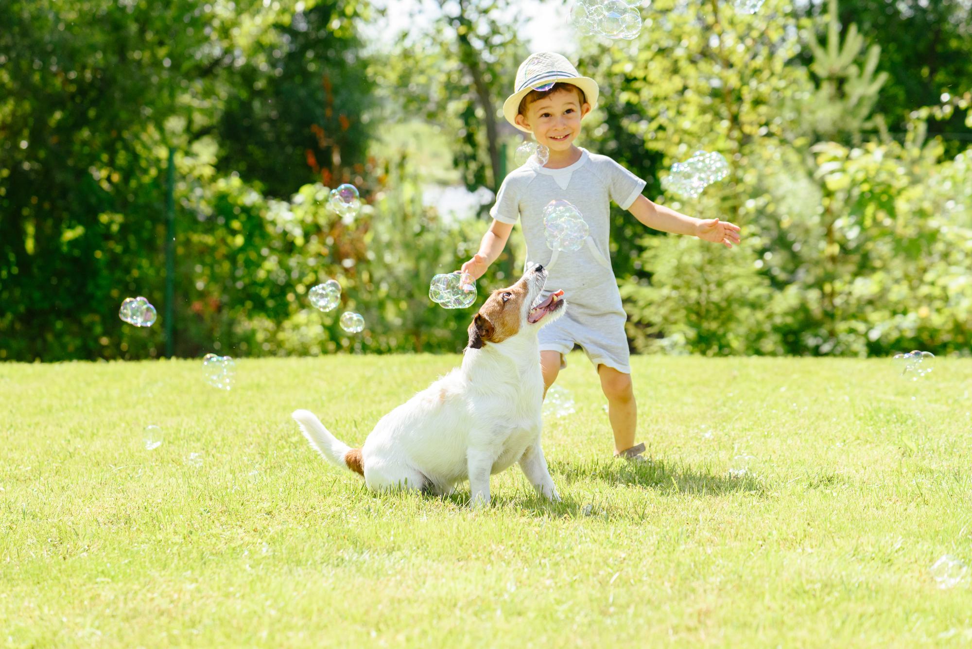 Lawn Care Columbia MO | Young Boy Playing Bubbles With Dog